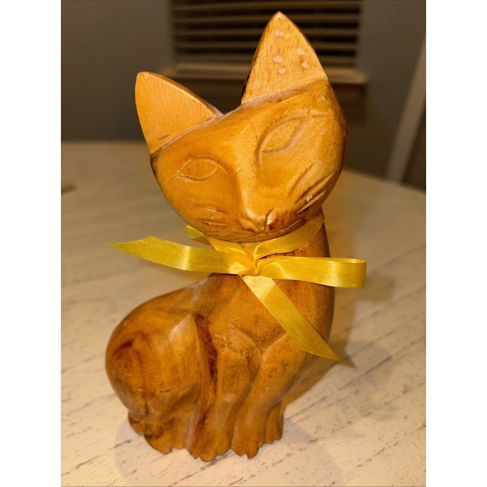 Hand Carved Wooden Cat Figurine Approx 6 Inches
